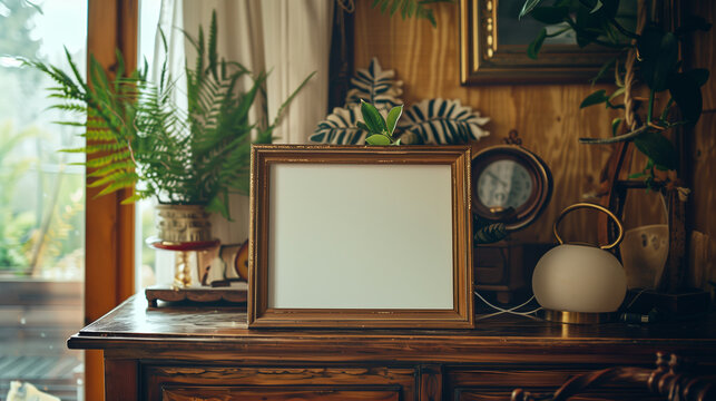 A simple photo frame with natural wood frame is placed on a traditional table with rich texture, around it are some vintage decorative accessories, AI generated Images