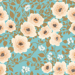 Floral Seamless Pattern of White Flowers and Khaki Green Leaves on Light Blue Backdrop. Wallpaper Design for Printing on Fashion Textile, Fabric, Wrapping Paper, Packaging.
