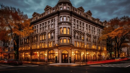 Fototapeta premium chic urban hotel building illustration trendy stylish, contemporary upscale, hip sophisticated chic urban hotel building