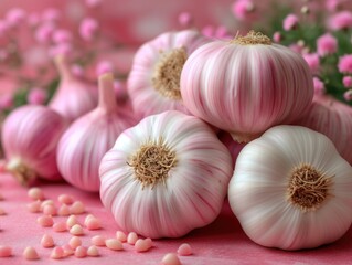 heads of garlic on a pink background