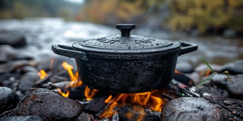 Rustic Cast Iron Dutch Oven cooking over an open BBQ fire