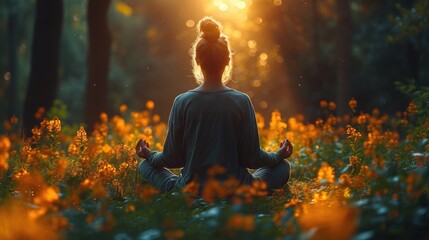 Serenity envelops a person meditating amidst a tranquil natural setting, bathed in the warm glow of a serene sunset, embracing the peaceful harmony of nature. - obrazy, fototapety, plakaty