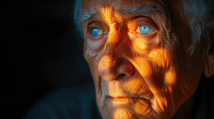 Intense portrait of an elderly man with his face illuminated by the dramatic warm light of a sunset.