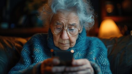 An elderly woman in glasses deeply focused on the screen of a smartphone in a homely setting.