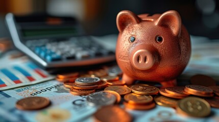 A ceramic piggy bank takes center stage amidst a scatter of coins and a calculator resting atop various financial documents, symbolizing the essence of savings and prudent budgeting.
