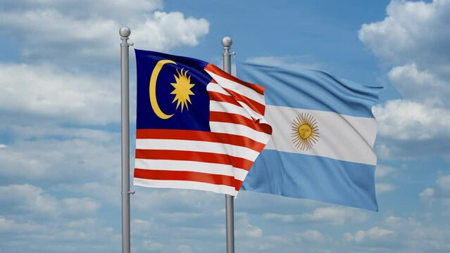 Argentina and Malaysia two flags waving together, looped video, two country relations concept