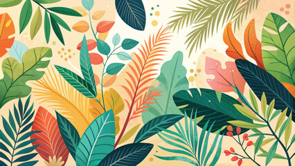 Tropical background with palm leaves. Hand drawn vector