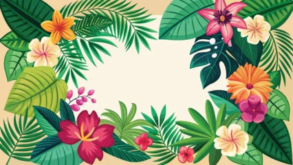 Schilderijen op glas Tropical background with flowers and palm leaves. Vector © Rony