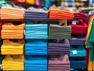 stack of colorful t-shirts on a store shelf, uni colors, shopping & lifestyle