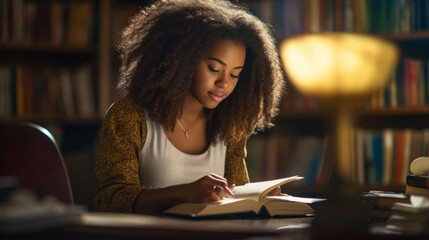 A young black girl, a student, a schoolgirl is reading a book, preparing for exams, studies,...