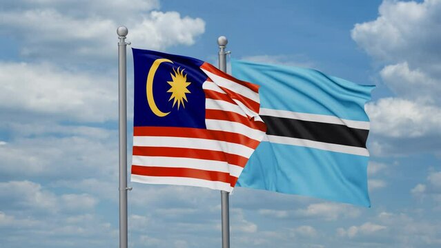 Botswana and Malaysia two flags waving together, looped video, two country relations concept