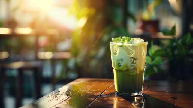 Aesthetic glasses with iced matcha lattes are beautifully arranged on wooden cafe tables, offering a tempting view. Ai generated Images