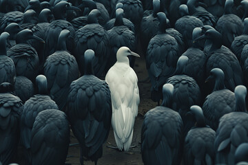 Standing Out White Bird Among Gray Birds, Symbolizing Uniqueness and Individuality