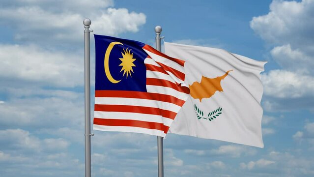 Cyprus and Malaysia two flags waving together, looped video, two country relations concept