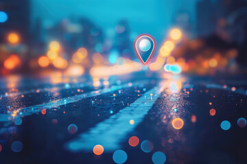 Travel and technologogy concept. Gps icon on bokeh city skyline abstract background