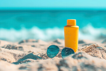 Sunscreen lotion, sunglasses on sandy beach as background - obrazy, fototapety, plakaty