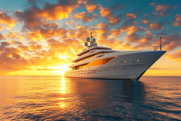 A luxury mega yacht in the ocean at a sunset - obrazy, fototapety, plakaty