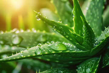 Naklejka premium Aloe vera cover with drops of water. Macro close up Succulent leaves and water