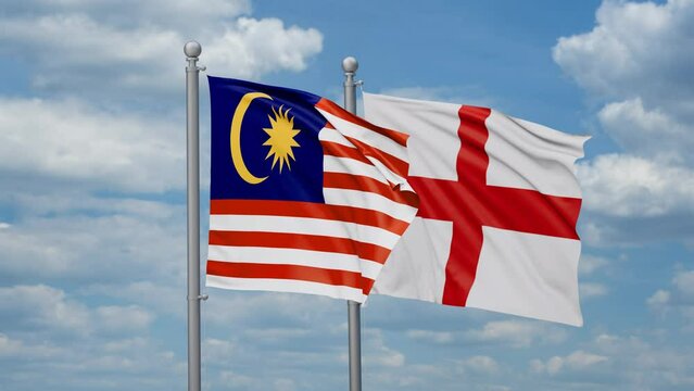 England and Malaysia two flags waving together, looped video, two country relations concept