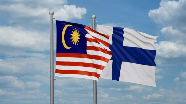 Finland and Malaysia two flags waving together, looped video, two country relations concept