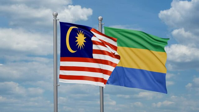 Gabon and Malaysia two flags waving together, looped video, two country relations concept