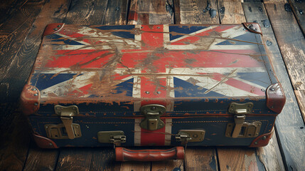 Vintage suitcase with British flag on wooden floor. generative ai 