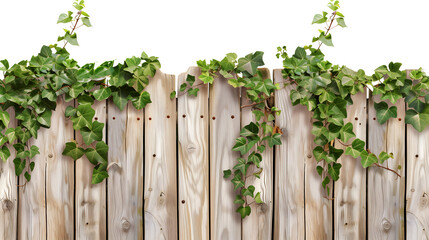 Fototapeta na wymiar Old wooden garden fence overgrown with green ivy plants. Transparent background