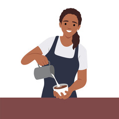 Young smiling barista woman serving coffee pour milkin a coffee cup. Flat vector illustration isolated on white background