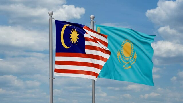Kazakhstan and Malaysia two flags waving together, looped video, two country cooperation concept