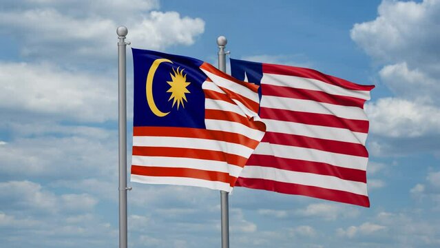 Liberia and Malaysia two flags waving together, looped video, two country cooperation concept