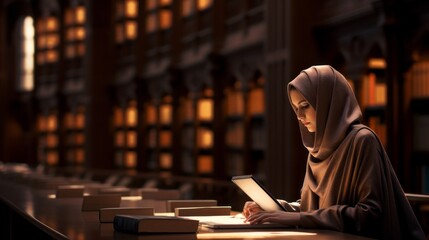 A young Arab, Muslim woman, a student is reading a book, preparing for exams, studies, scientific research in a university, college Library. Education, Literature, Hobbies and Leisure concepts.