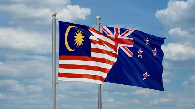 New Zealand and Malaysia two flags waving together, looped video, two country cooperation concept
