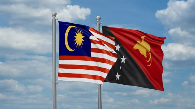Papua New Guinea and Malaysia two flags waving together, looped video, two country relations concept
