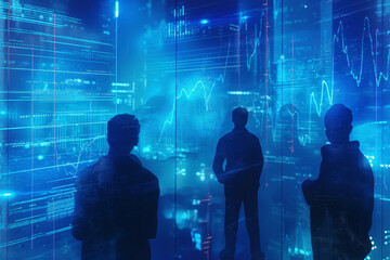 A group of people are standing in front of a computer screen with a blue background. The people are all wearing dark clothing and are looking at the screen. Scene is one of focus and concentration
