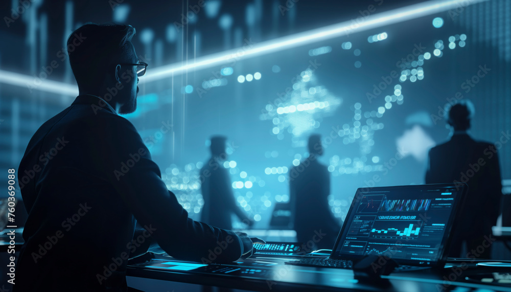 Poster a man is sitting in front of a computer screen with a group of people in the background. the man is 