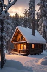 Fotobehang snowy landscape with a fabulous wooden house in a winter pine Christmas forest © uventa