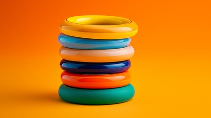 Colorful stacking rings forming a tower of joy on a vibrant orange mat, symbolizing early milestones.