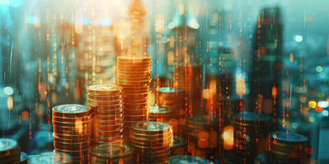 Double exposure of golden coin stack and city building business and financial concept idea.