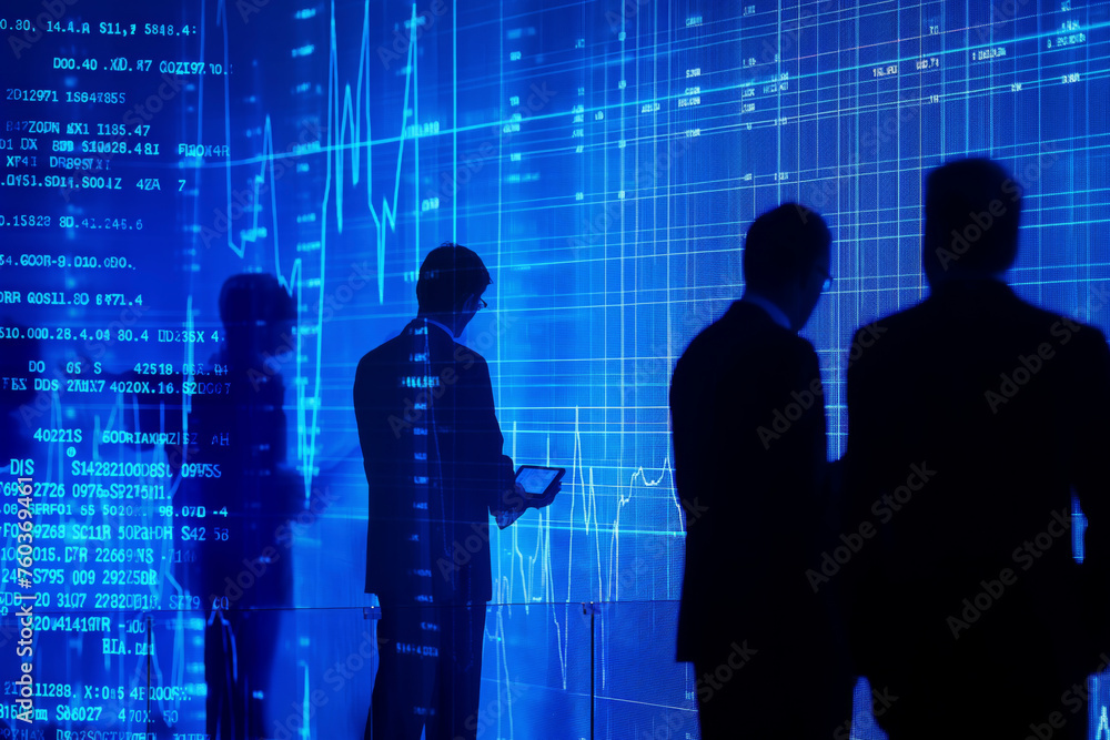 Poster a group of men are standing in front of a large screen with blue numbers and graphs. one man is hold