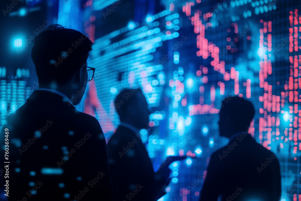 Poster three men are standing in front of a large screen with a lot of numbers and graphs. they are wearing