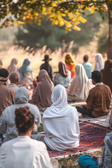 a group of women with headscarves sitting on carpets and praying outdoors - obrazy, fototapety, plakaty