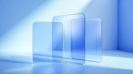 Minimalist modern design featuring transparent glass panels with blue gradient.