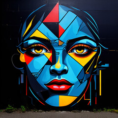 Colorful Abstract Faces Expressive Mural in Bold Black, Red, Blue, and Yellow
