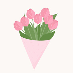 Bouquets of pink tulips. Flowers in wrapping paper. Floral design templates for Women's Day and Mother's Day. Vector flat illustration