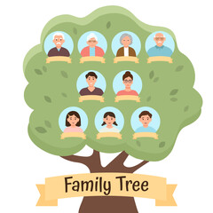 Family tree template with family portraits and place for text on white background vector illustration