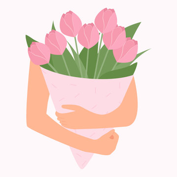 Hands holding bouquet or pink tulips. Floral design templates for Women's Day and Mother's Day. Vector flat illustration