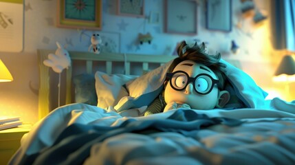 Sleepless nights filled with lurking nightmares, fearful bedtime in 3D cartoon animation - obrazy, fototapety, plakaty