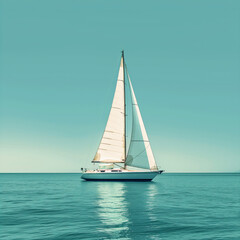Single white sailing yacht with full sails open under a clear sky.
