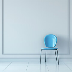 Single modern blue chair against a plain grey wall in a minimalist interior with white tiled flooring.
