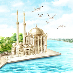 Ortakoy Mosque and Bosphorus, Istanbul, Turkey.  Hand drawn watercolor illustration